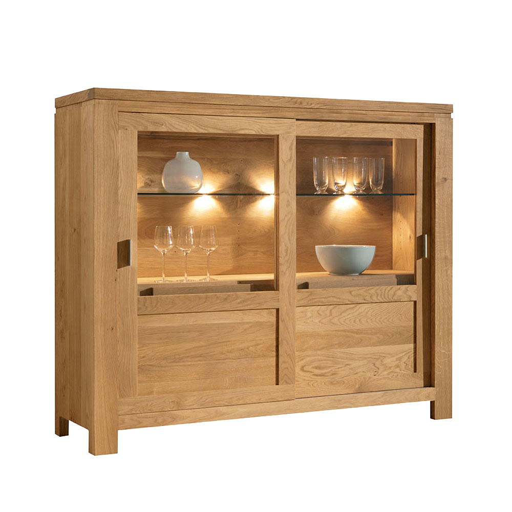 sliding door cabinet made in oak with a glass shelf and lighting